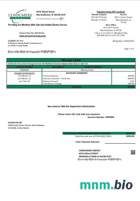 USA Iowa Consumers Energy rachunek za usługi komunalne szablon w formacie Word i PDF